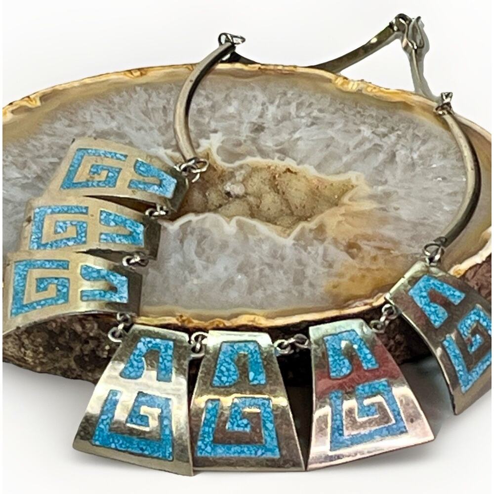 Vintage Mexico Alpaca Silver Turquoise Chip Inlay Collar Statement Necklace - Picture 6 of 12